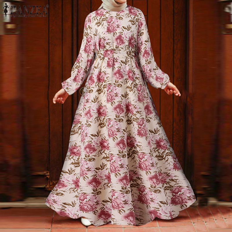 Zanzea Đầm Maxi Tay Dài Hoạ Tiết Hoa Thêu Cho Phụ Nữ Islam