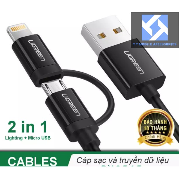 Cáp sạc UGREEN 2in1 (Lightning(MFi)& MicroUSB), US178, 40939, màu ĐEN - 0.5m, Ugreen Vietnam, mới 100%, B/hành 18 tháng