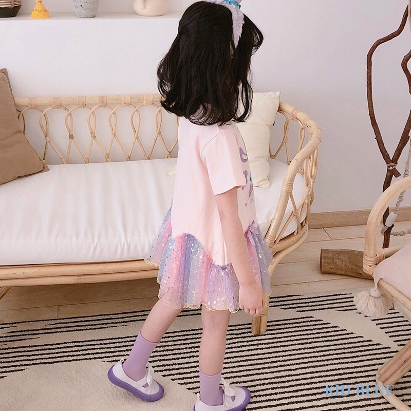 Đầm Cổ Tròn Tay Ngắn Phối Lưới In Họa Tiết Hoạt Hình Phong Cách Phương Tây Thời Trang Mùa Hè Cho Bé Gái