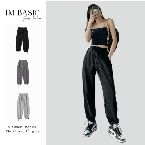 Quần Jogger Sweatpants Nữ Dây Rút Bo Ống Chun Nỉ Tăm Unisex Form Rộng Màu Đen I'm Basic (QJG01+03)