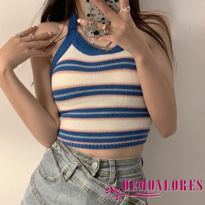 Áo hai dây bằng dệt kim hở lưng họa tiết kẻ sọc thời trang quyến rũ cho nữ