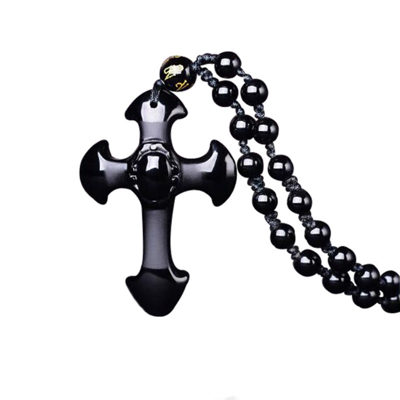 Mặt Vòng cổ Hình Thánh Giá Bằng Đá Obsidian Tự Nhiên