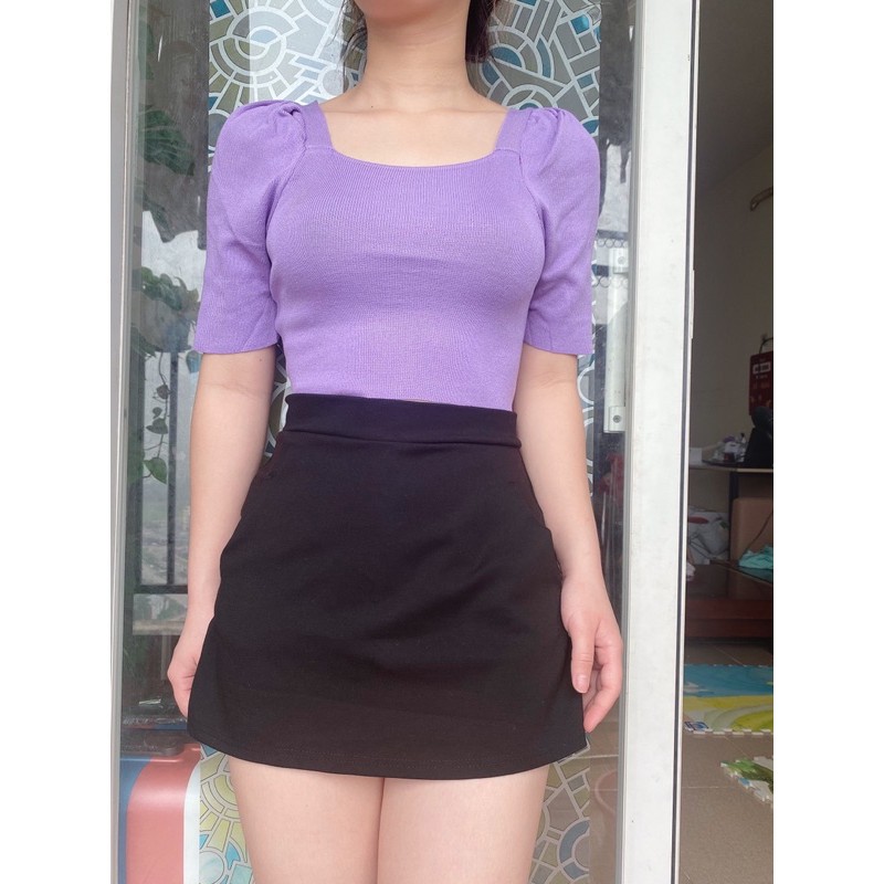 Áo len croptop cổ vuông trễ vai tay bồng chất thun tăm siêu mát hàng Quảng Châu loại 1 AL07