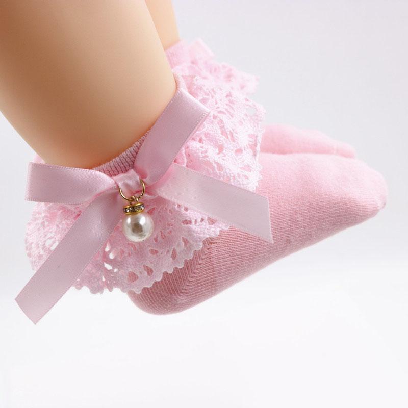 Đôi vớ cotton màu trơn trang trí nơ đính ngọc trai xinh xắn dành cho bé gái