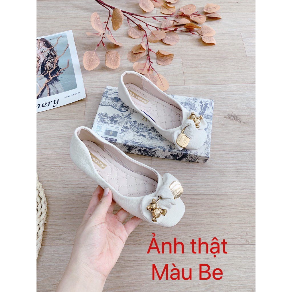 Giầy búp bê nữ khuy gấu đế bệt da mềm