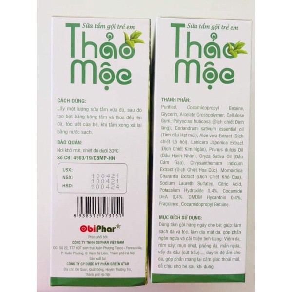 (𝓗𝓸𝓽 𝓢𝓪𝓵𝓮) SỮA TẮM GỘI THẢO MỘC OBIPHAR CHO TRẺ EM (200ml) - TRỊ RÔM SẢY, MẨN NGỨA MÙA NẮNG NÓNG