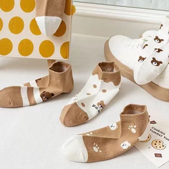 Set 5 đôi vớ cổ thấp thoáng khí mềm mại họa tiết hoạt hình dễ thương cho nữ