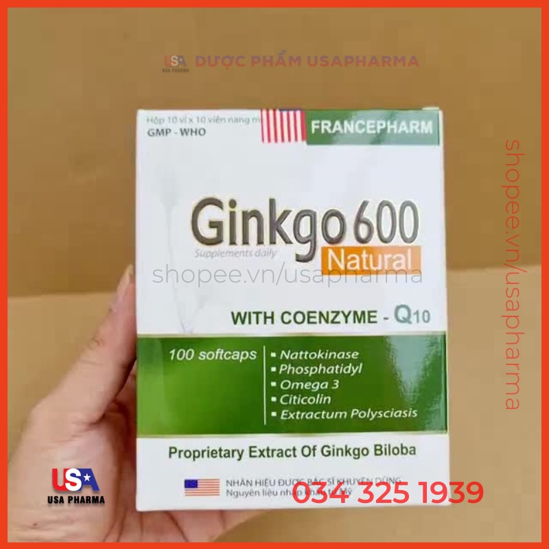 Viên bổ não Ginkgo 600 tăng cường trí nhớ, tuần hoàn máu não, giảm hội chứng tiền đình, trí nhớ suy giảm - Hộp 100 viên