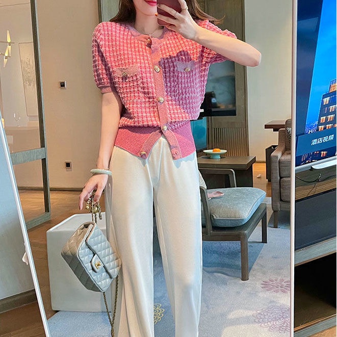Áo Khoác Cardigan Dệt Kim Tay Ngắn Chất Liệu Lụa Lạnh Mỏng Thời Trang Mùa Hè Cho Nữ