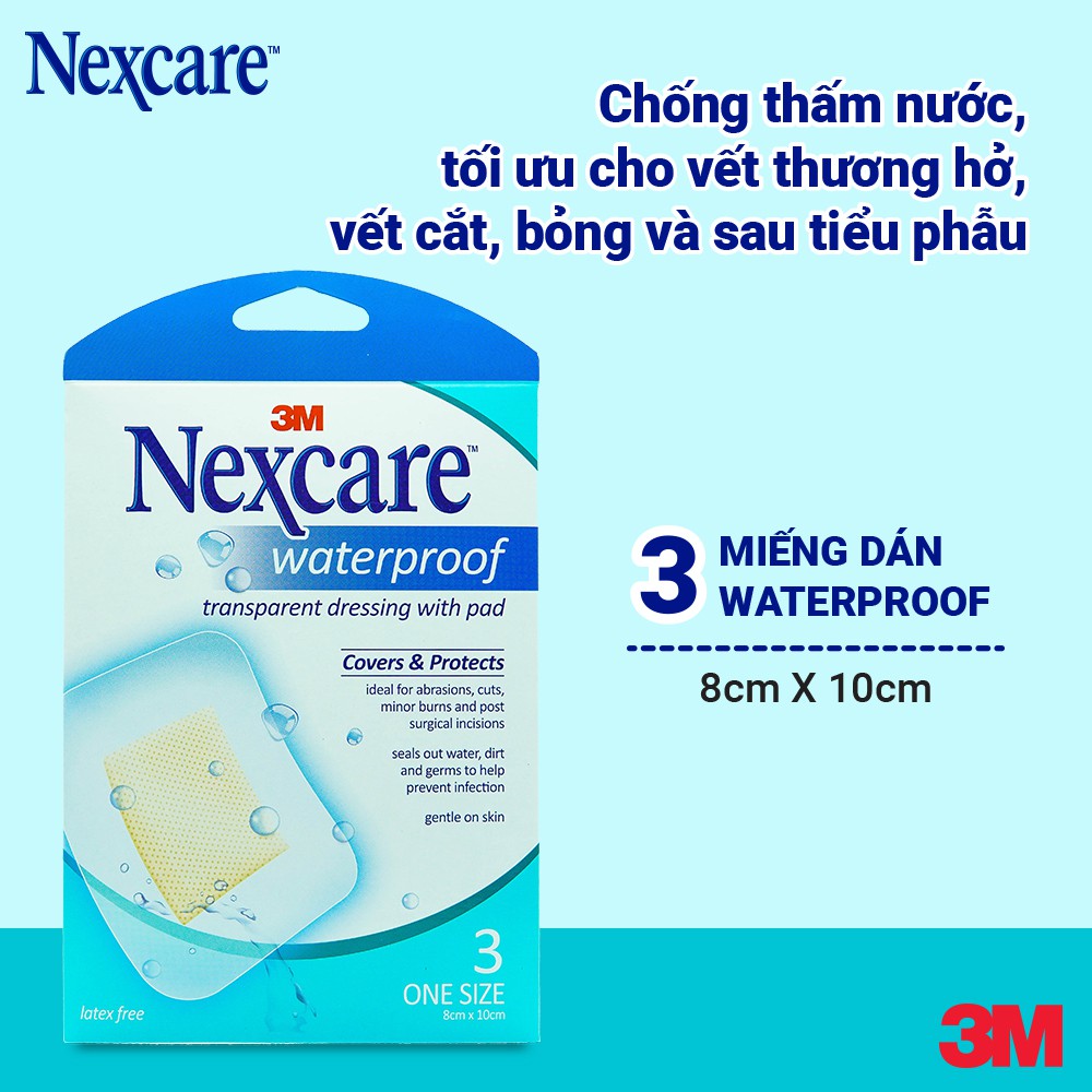 BĂNG DÁN BẢO VỆ VẾT THƯƠNG CÓ GẠC NEXCARE WATERPROOF 3M TRONG SUỐT CHỐNG THẤM NƯỚC 8x10cm gói 3 miếng