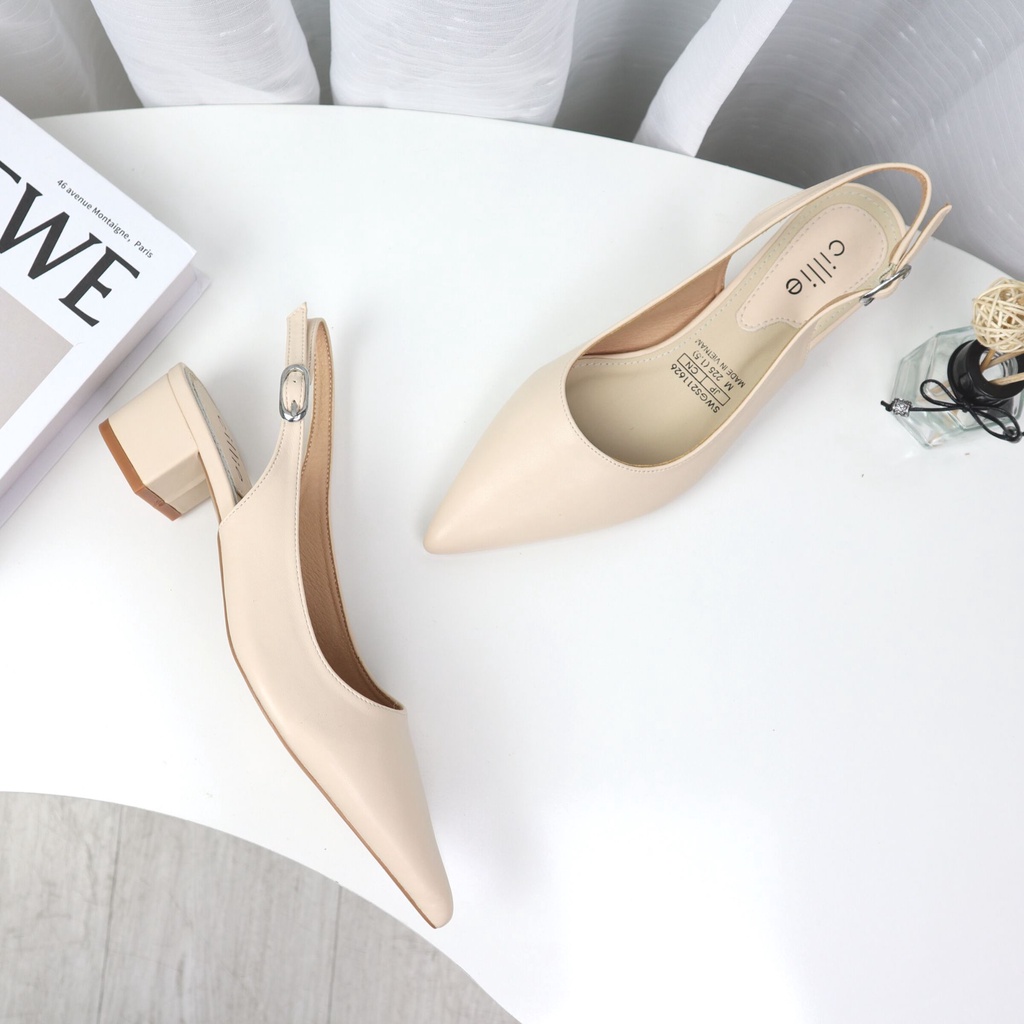 Giày sandal cao gót slingback nữ mũi nhọn thanh lịch đế vuông 3cm vừa phải đi học đi chơi đi làm Cillie 1173
