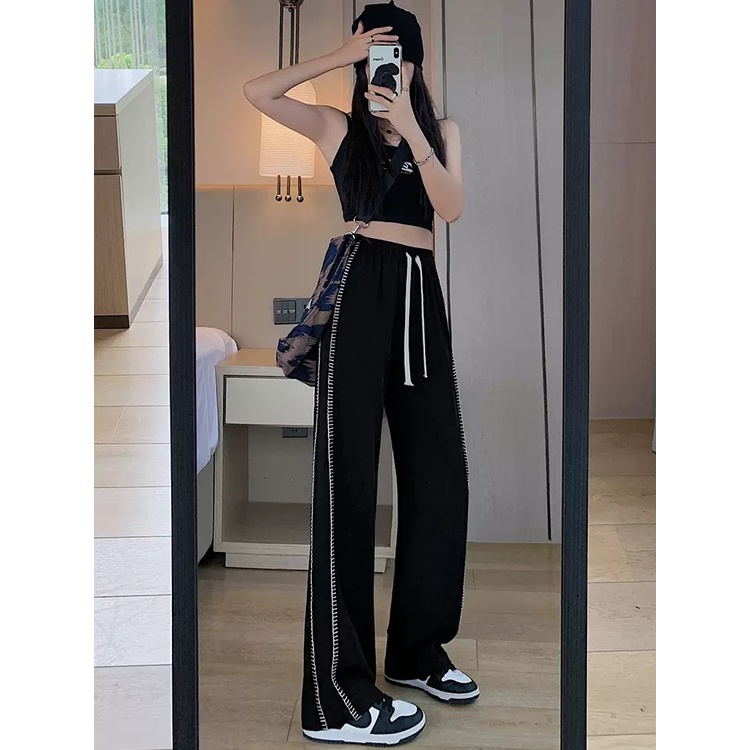 Quần dài ZHELIHANGFEI ống rộng lưng cao phối nơ phong cách Hàn Quốc