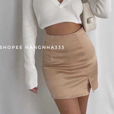 Chân váy Lụa chữ A form ngắn xẻ đùi Ulzzang basic dễ phối đồ