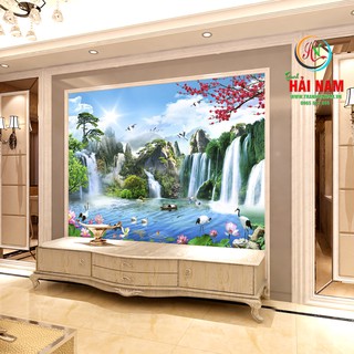 Tranh dán tường  phong thủy  3D   - VẢI LỤA  phủ kim sa (kích thước theo yêu cầu)