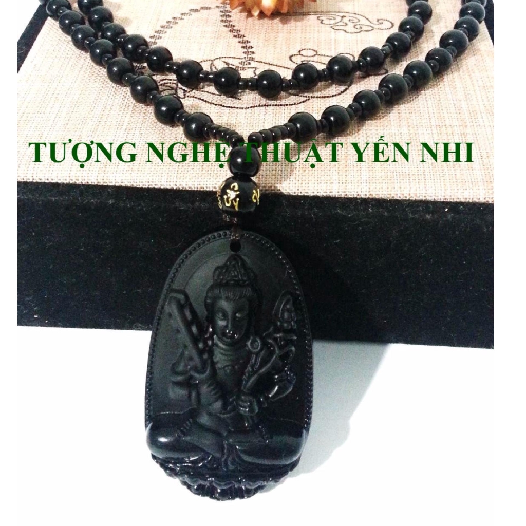 Dây chuyền đá Bồ Tát Hư Không đá núi lửa Obsidian mặt 5x3cm ( Phật bản mệnh tuổi Sửu và Dần)
