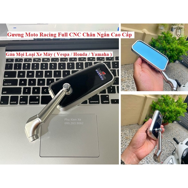 Gương Moto Racing Full CNC Chân Ngắn Hàng Cao Cấp CHo Vespa Honda Yamaha
