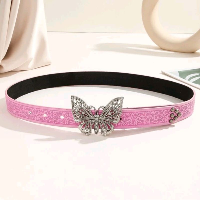 Thắt lưng hồng đính đá rhinestone bling bling khoá bướm phong cách y2k, Punk thời trang Unisex