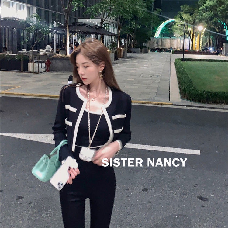 COZOK Set áo cardigan dệt kim + áo hai dây màu tương phản