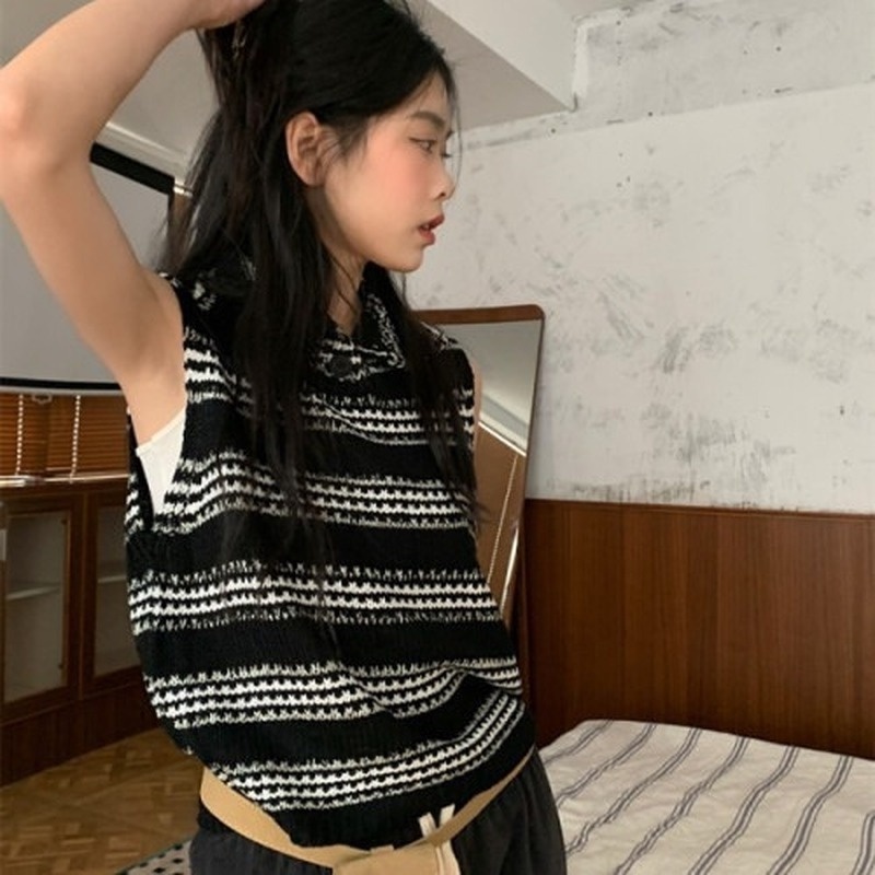Áo Dệt Kim Không Tay Dáng Ôm Họa Tiết Kẻ Sọc Phong Cách Retro Mẫu Mới Thời Trang Mùa Hè Cho Nữ