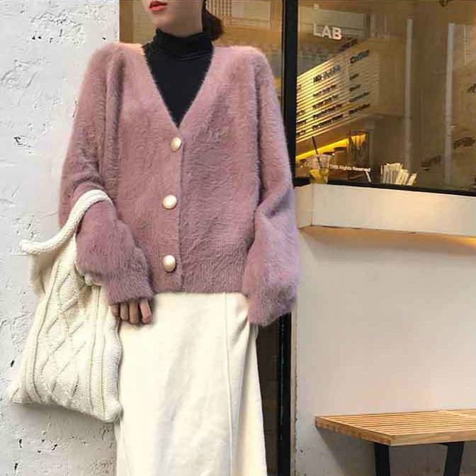 Áo Khoác Cardigan Dệt Kim Lông Chồn Giả Cổ Chữ V Màu Hồng / Trắng / Xanh Lá Nhạt / Xanh Lá Đậm Đính Nút