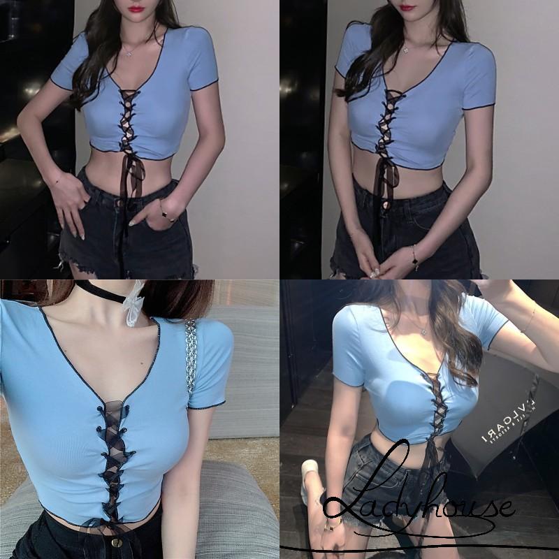 Áo thun croptop tay ngắn cổ chữ V màu sắc đơn giản dành cho nữ