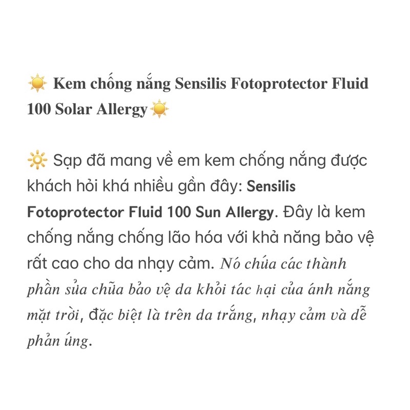 Kem chống nắng Sensilis Fotoprotector Fluid 100 Solar Allergy