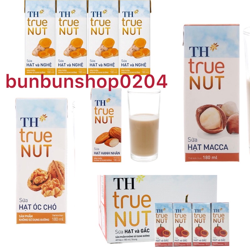 Thùng sữa TH TRUE NUT HẠT ÓC CHÓ/ HẠT HẠNH NHÂN/ HẠT VÀ GẤC 180ml 48 hộp