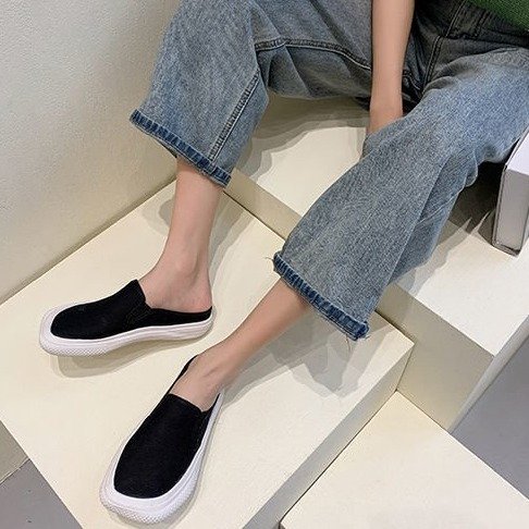 Fashion Ulzzang Lazyshoes Flat Canvas Half Slippers for Women