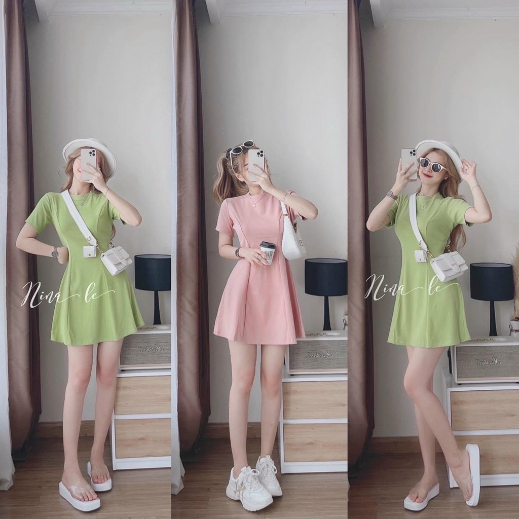 Đầm váy nữ tay con xếp li vải tăm gân co giãn 2 màu sáng tôn dáng trẻ trung sang trọng thanh lịch siêu xinh