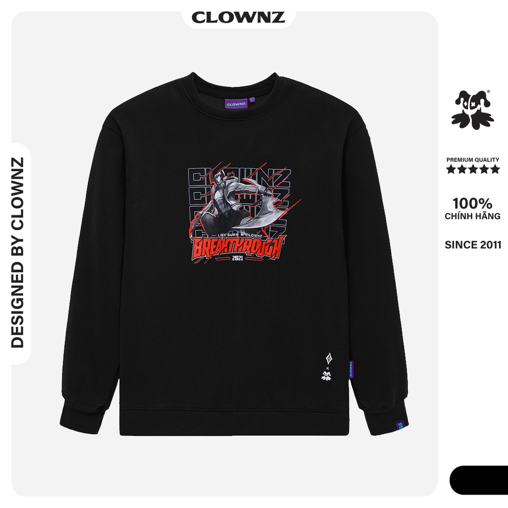 Áo sweater nỉ nam nữ local brand Clownz x Liên quân Nakroth màu đen, vải nỉ bông, unisex, form rộng