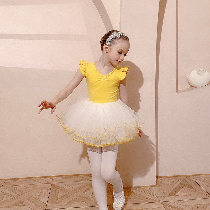 Đầm Múa Ba Lê Chất Cotton Tay Ngắn Màu Vàng Thời Trang Mùa Hè Cho Bé