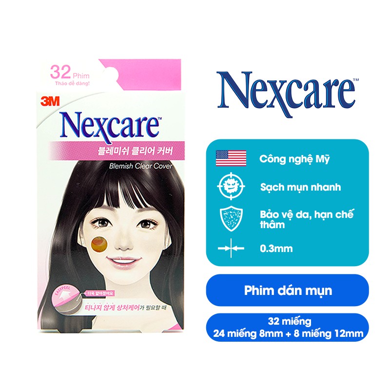 Miếng dán mụn Nexcare 3M hộp 32 miếng (24 miếng 8mm, 8 miếng 12mm) - Siêu mỏng, không thấm nước, mờ thâm BBC