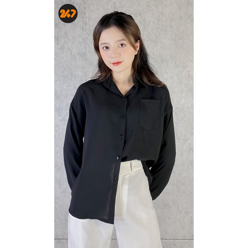 Sơ mi nữ basic cổ polo màu đen cá tính form rộng kiểu ulzzang hàn quốc