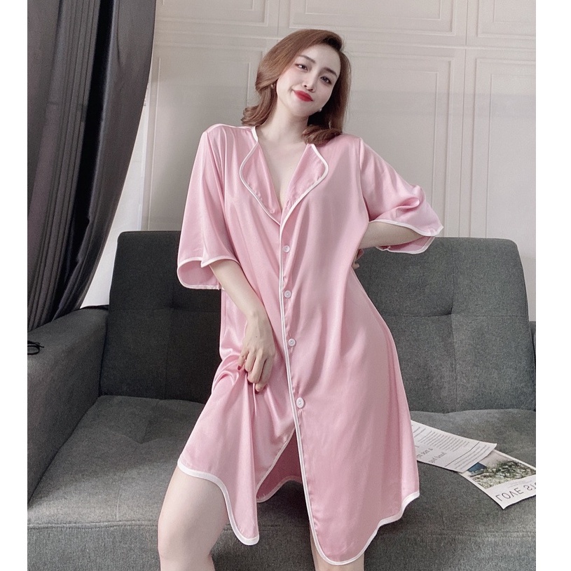 Váy Nữ Lụa Màu Trơn, Đầm Nữ Cổ Sơ Mi Gợn Sóng Chất Lụa Satin Nhiều Màu Chất Vải Mềm Mịn Form Dáng Rộng Rãi Bầu Bí Bon Ch