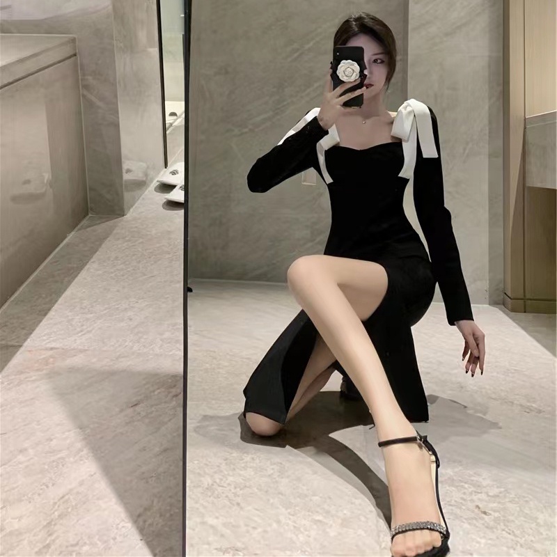 Đầm IELGY ôm dáng xẻ tà màu đen phong cách hepburn cổ điển thời trang dành cho nữ