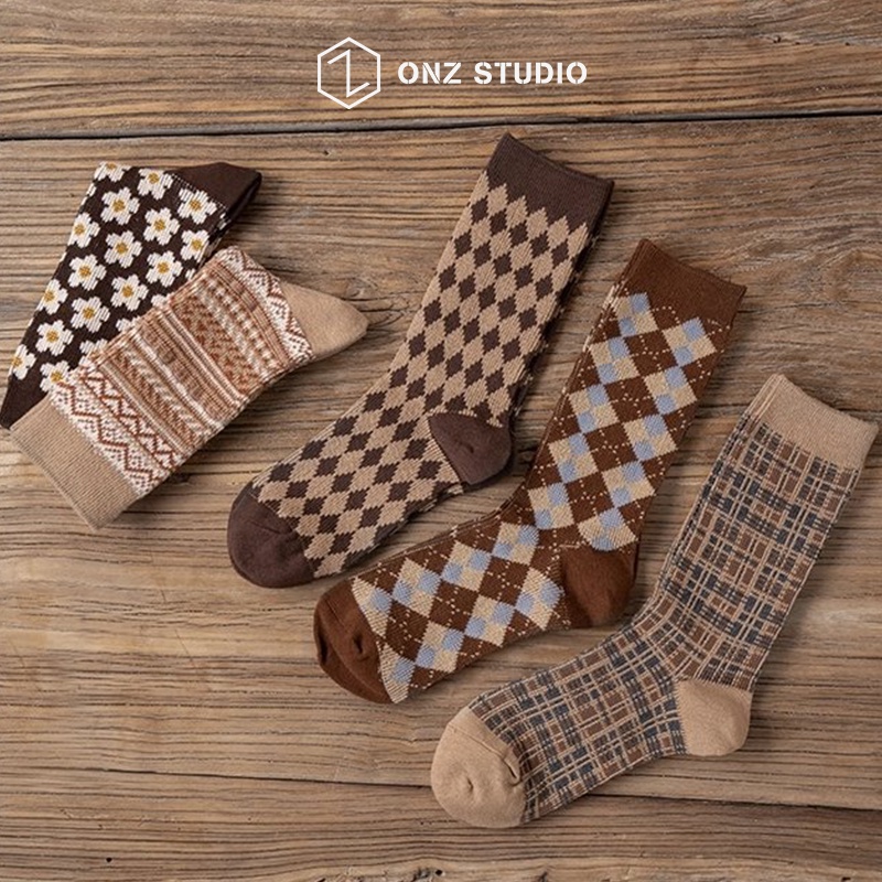 Vớ cotton ONZ Studio - SET 6 - Tất chân nam nữ cổ cao mềm mịn co giãn phong cách vintage TA05