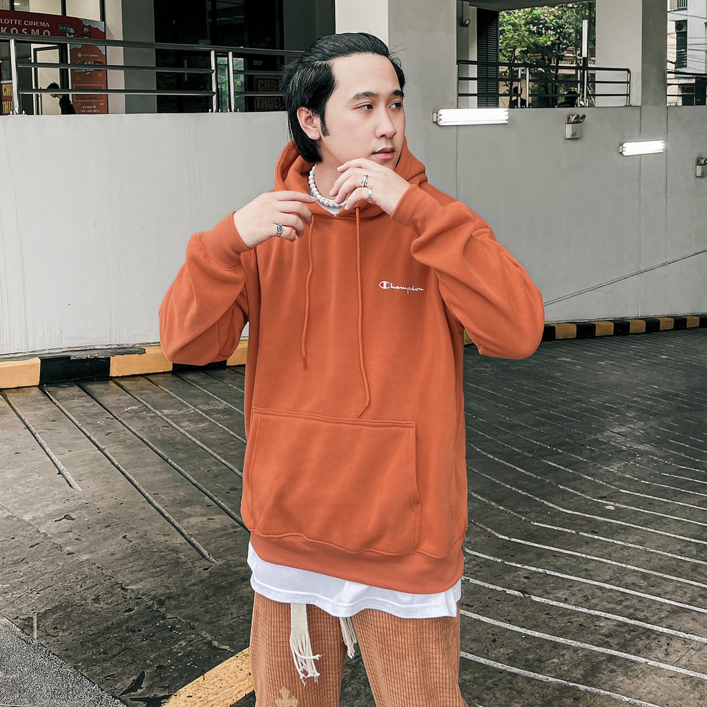 Áo Hoodie Thêu Logo Champion Trước Ngực-Chất Vải Nỉ Bông Cotton-Form Rộng Rãi Unisex Nam Nữ-Màu Nâu Tan