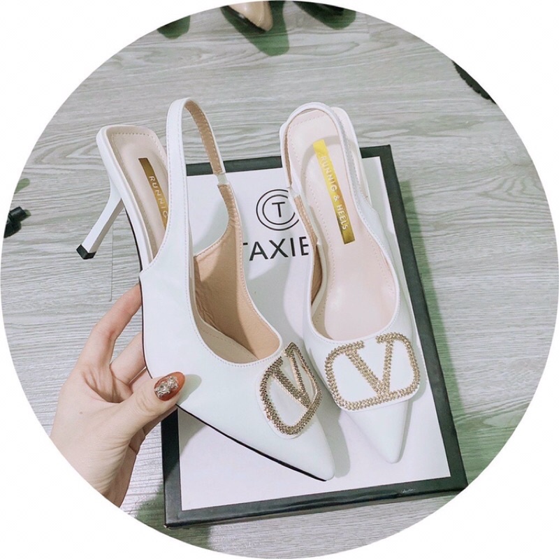 Giày cao gót da sần mũi nhọn tag V đá vàng hở gót cao 7-8p hàng loại 1 cực đẹp