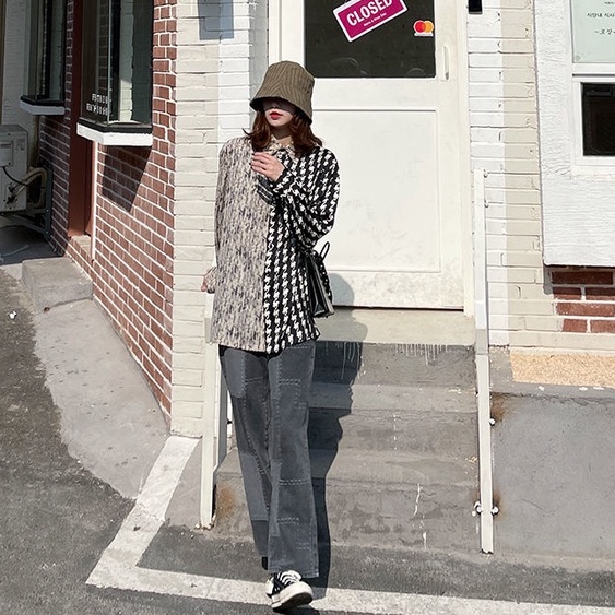 Quần Jean Dài Lưng Cao Dáng Suông Rộng Màu Đen Có Size Lớn