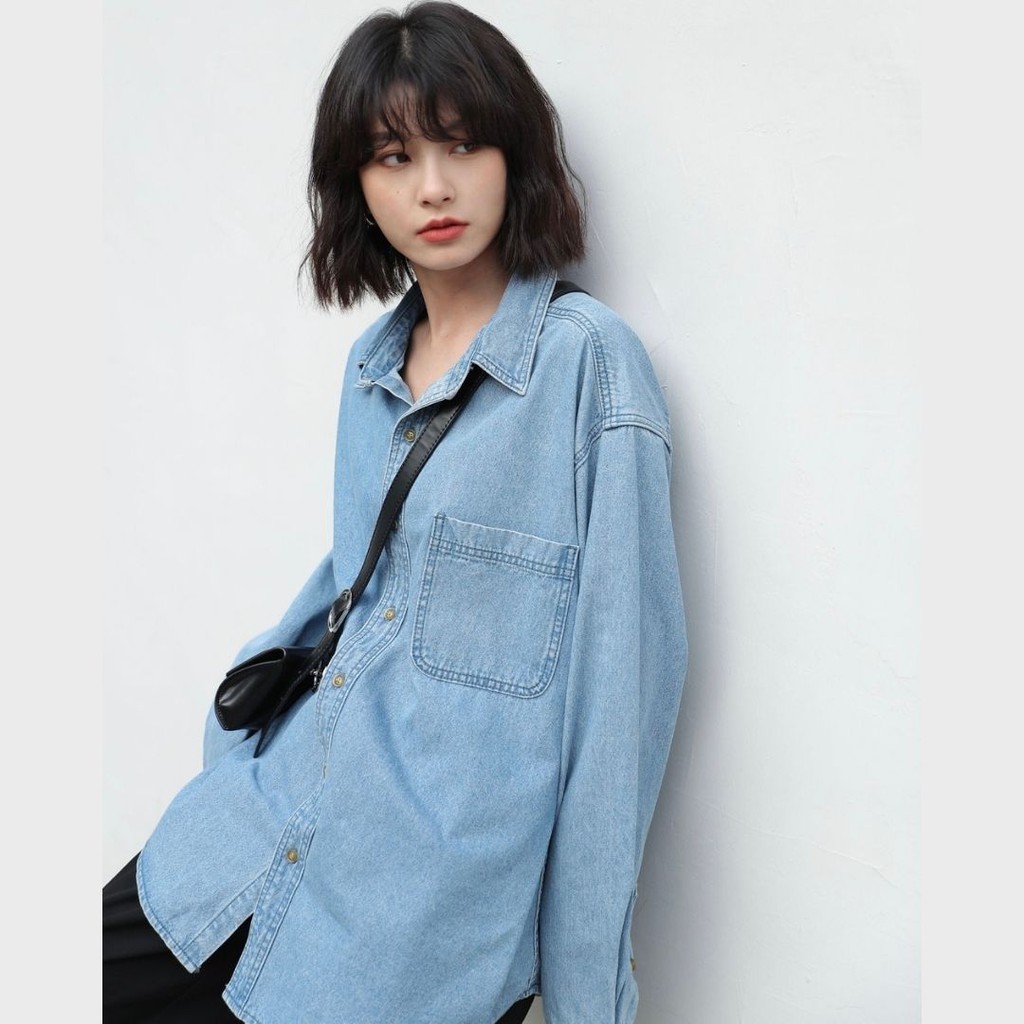 [Mã giảm giá 50K đơn 200K] Deal HOT Áo sơ mi bò Denim style Vintage Pháp dáng rộng basic kèm túi da phong cách cho nữ