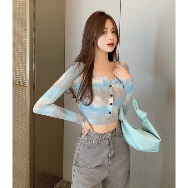 Áo Thun Dệt Kim Tay Dài Nhuộm Màu Dáng Ôm Thời Trang Cho Nữ