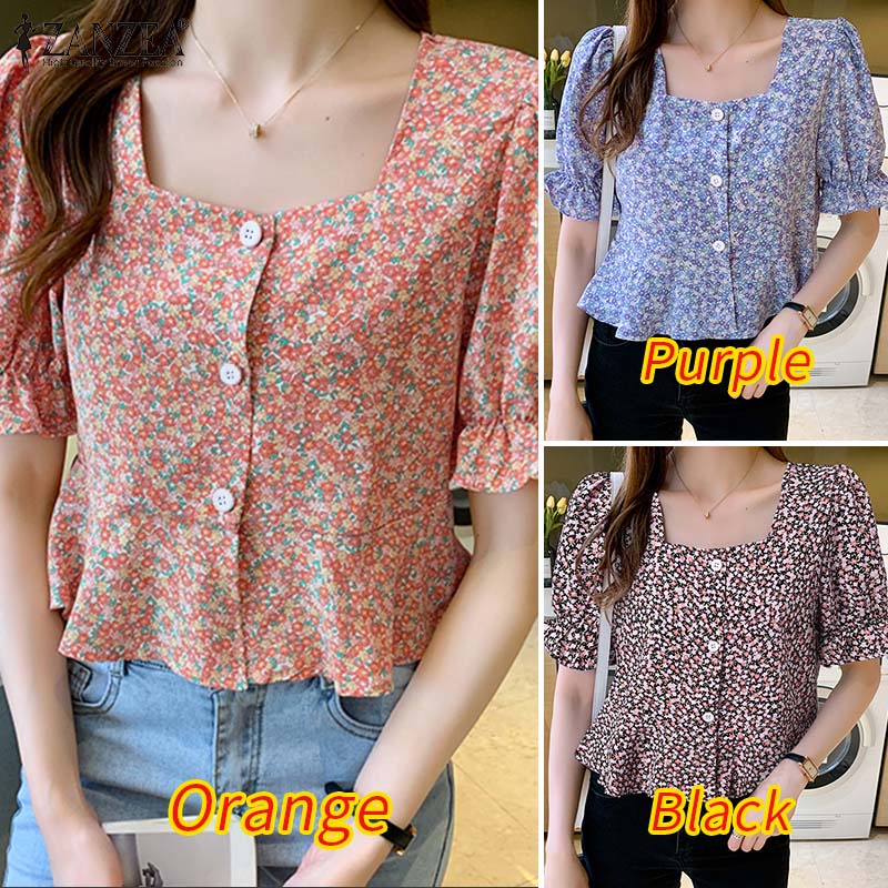 Áo Zanzea tay phồng cổ vuông in hoa phong cách sành điệu cho nữ