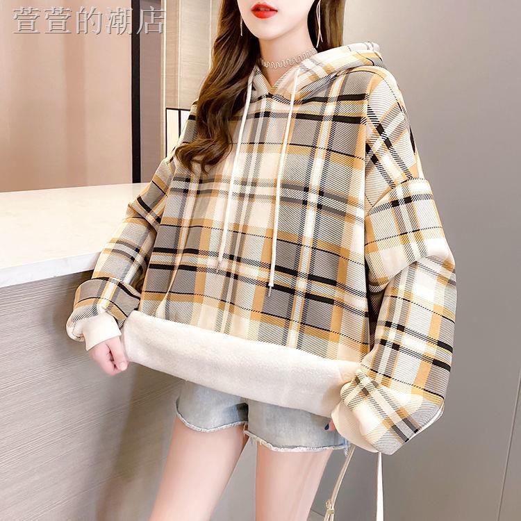 Áo Hoodie Cotton Dáng Dài Kẻ Sọc Caro Trẻ Trung Năng Động Cho Nữ