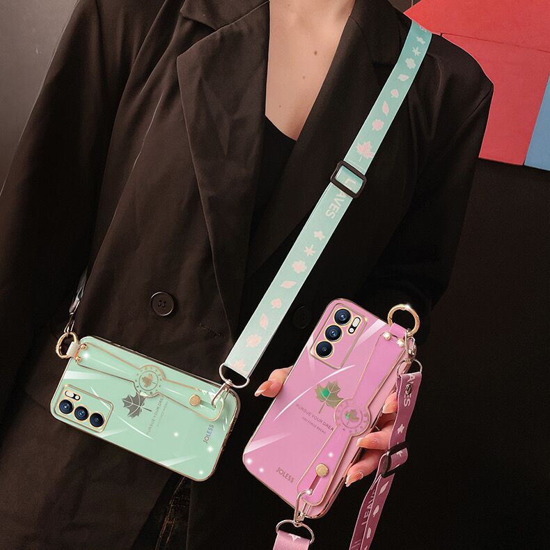 Ốp điện thoại vuông mạ điện hình lá phong có vòng tay cho Vivo V2101 V2108 V2050 V2109 V2022 V2023 V2025 V2024 V2026