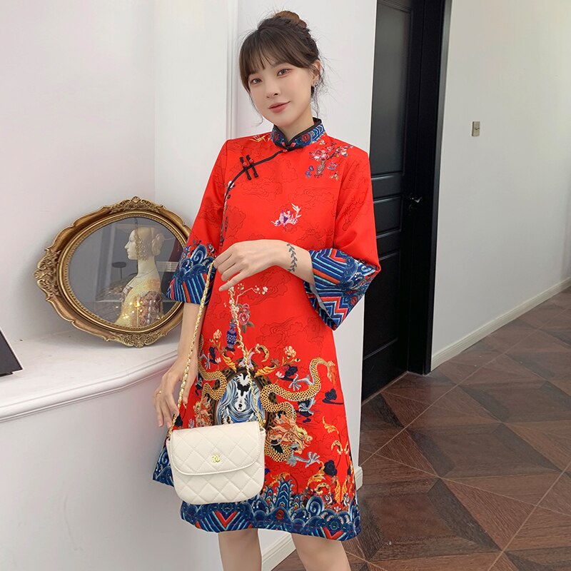 Đầm sườn xám Trung Hoa dáng chữ A tay lỡ thời trang nữ
