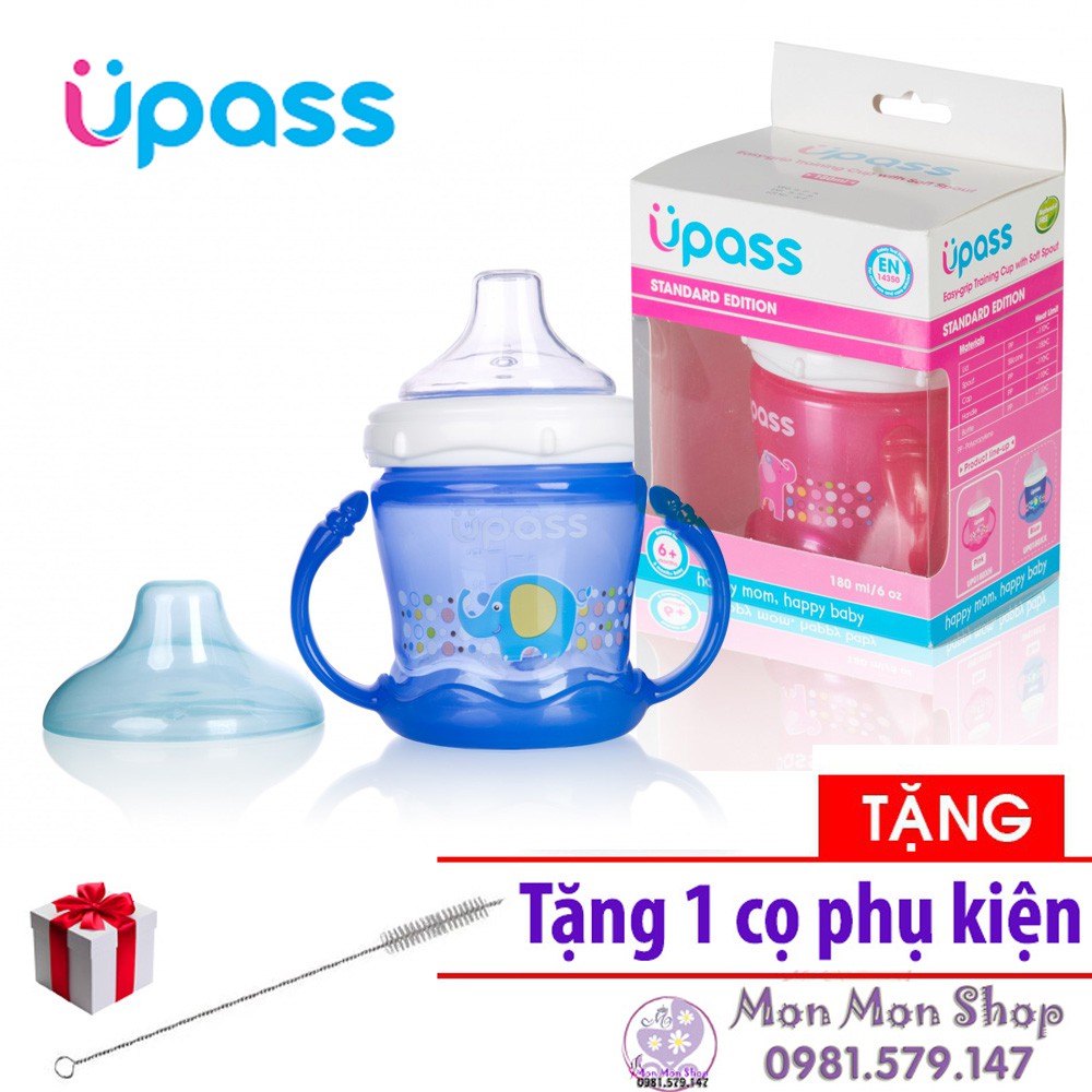 [Tặng cọ] Cốc tập uống nước đầu hút mềm UPASS Thái Lan có tay cầm 180ml UP0180X