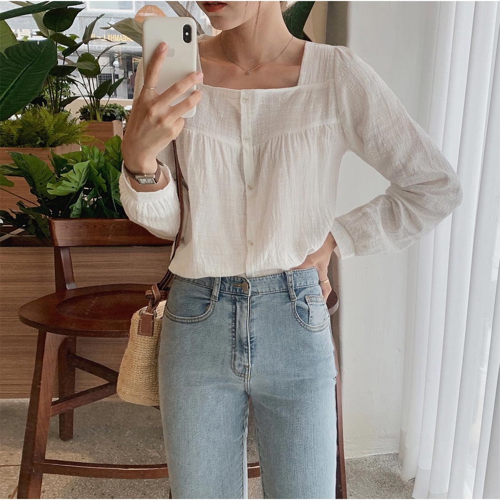 Áo Sơ Mi Tay Dài Màu Trơn Kiểu Hàn Quốc Đơn Giản Dễ Phối Đồ 35890