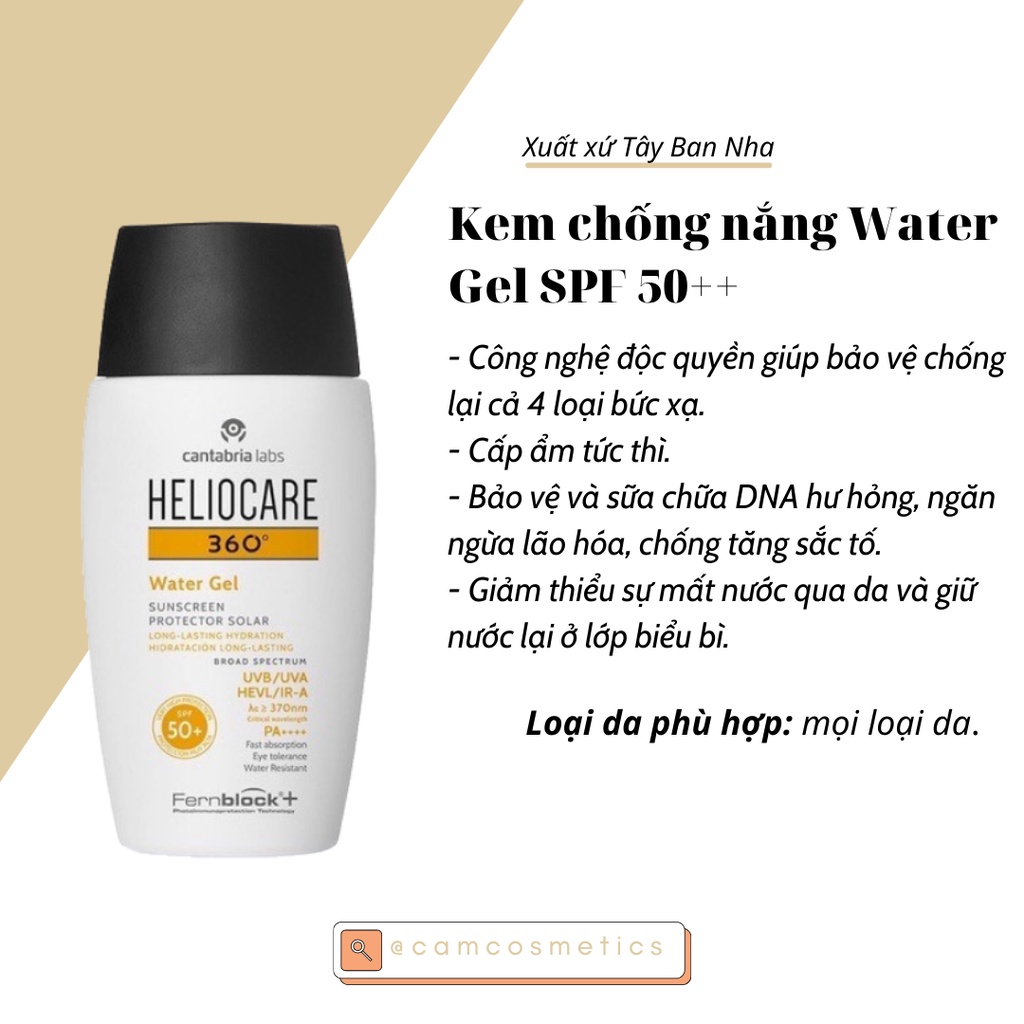 Kem chống nắng quang phổ rộng Heliocare Water Gel/ Mineral/ Pigment/ Age Active Fluid 50ML