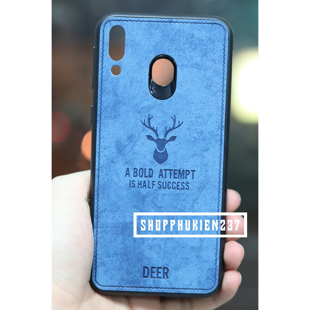 [Freeship toàn quốc từ 50k] Ốp Lưng Vải Jean Khắc Hình Nai Dành Cho Samsung Galaxy M20 Ốp Viền Dẻo Đen