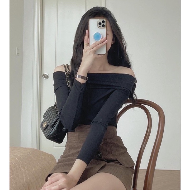 Áo trễ vai  Áo dài tay gân tăm mùa thu đông dành cho nữ PHULA style Hàn Quốc Ulzzang dành cho nữ